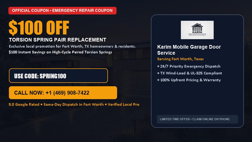 Karim Mobile Garage Door Service $100 OFF Dual Torsion Spring Replacement in Fort Worth, TX