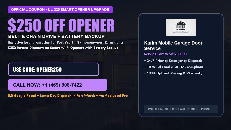 Karim Mobile Garage Door Service $250 OFF Premium LiftMaster Opener Installation in Fort Worth, TX
