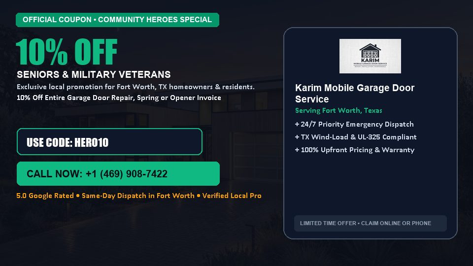 Karim Mobile Garage Door Service 10% OFF Seniors & Military Veterans in Fort Worth, TX